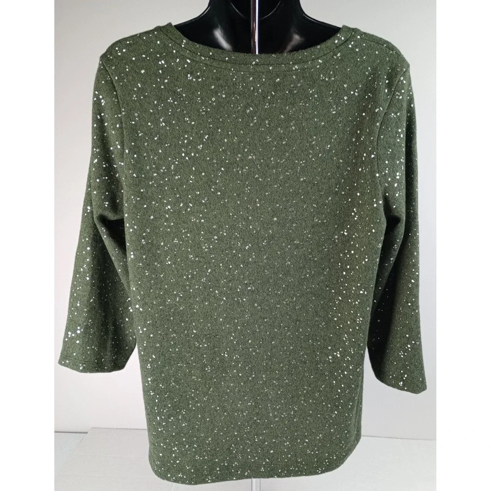 Emily Daniels Women's Size M Green Silver Pullover 3/4 Sleeve Sweater
